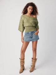 Knit Textured Asymmetrical Neck Batwing Sleeve Top
