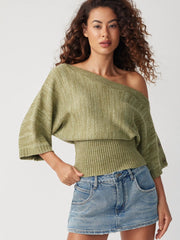 Knit Textured Asymmetrical Neck Batwing Sleeve Top