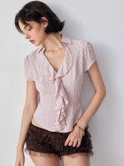 Cotton-blend Striped Ruffled Short Sleeve Blouse