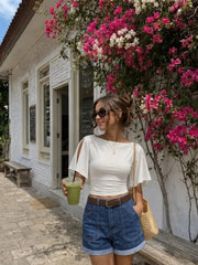 Stretch Denim Mid Rise Washed Roll Hem Shorts With Belt