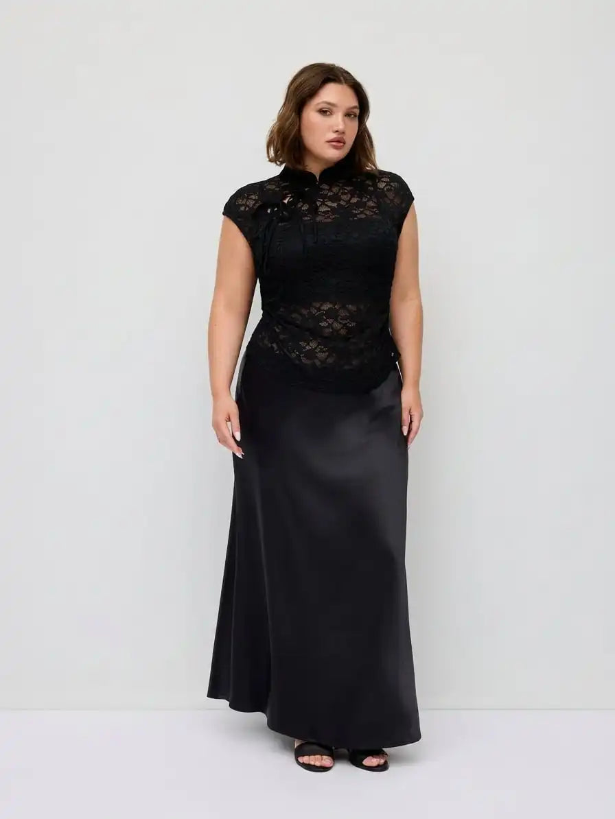 Lace Mandarin Collar Knotted Ruched See-through Top & Satin Mid Rise Maxi Skirt Set Curve & Plus
