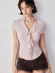 Cotton-blend Striped Ruffled Short Sleeve Blouse
