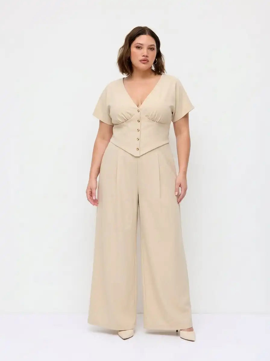 Linen-blend Mid Rise V-neck Ruched Wide Leg Jumpsuit Curve & Plus