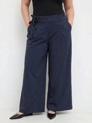Mid Rise Striped Tie Side Ruched Wide Leg Trousers Curve & Plus