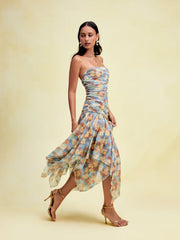 Floral Strapless Tie Dye Ruched Asymmetric Maxi Dress
