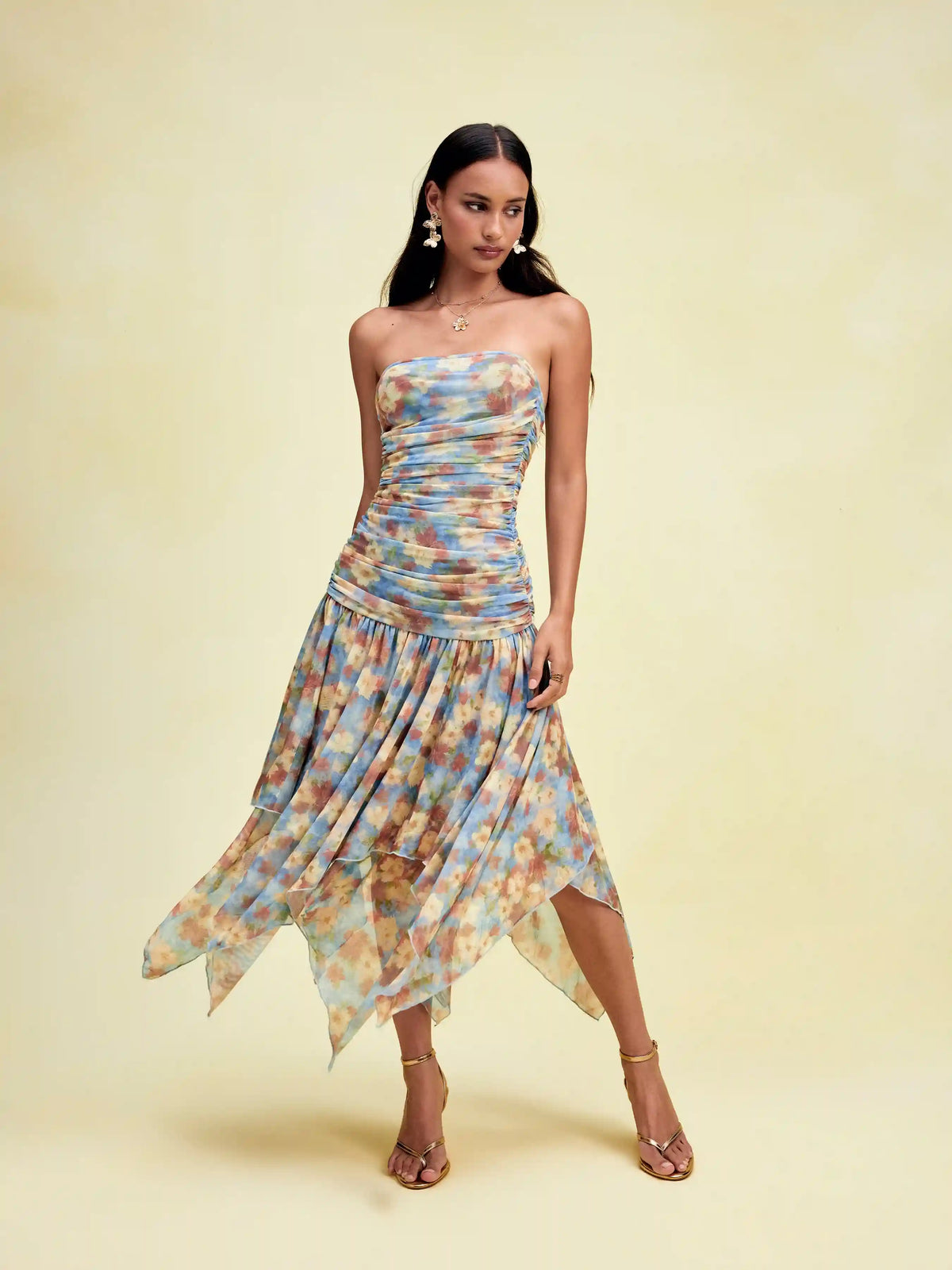 Floral Strapless Tie Dye Ruched Asymmetric Maxi Dress
