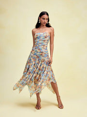 Floral Strapless Tie Dye Ruched Asymmetric Maxi Dress