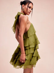 Chiffon Halter Neckline Asymmetrical Ruffle Babydoll Mini Dress