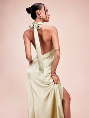 Satin Halter Neck Draped Back Tie Mermaid Maxi Dress
