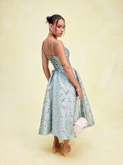 Floral Jacquard Lace-up Corset Cami A-Line Maxi Dress