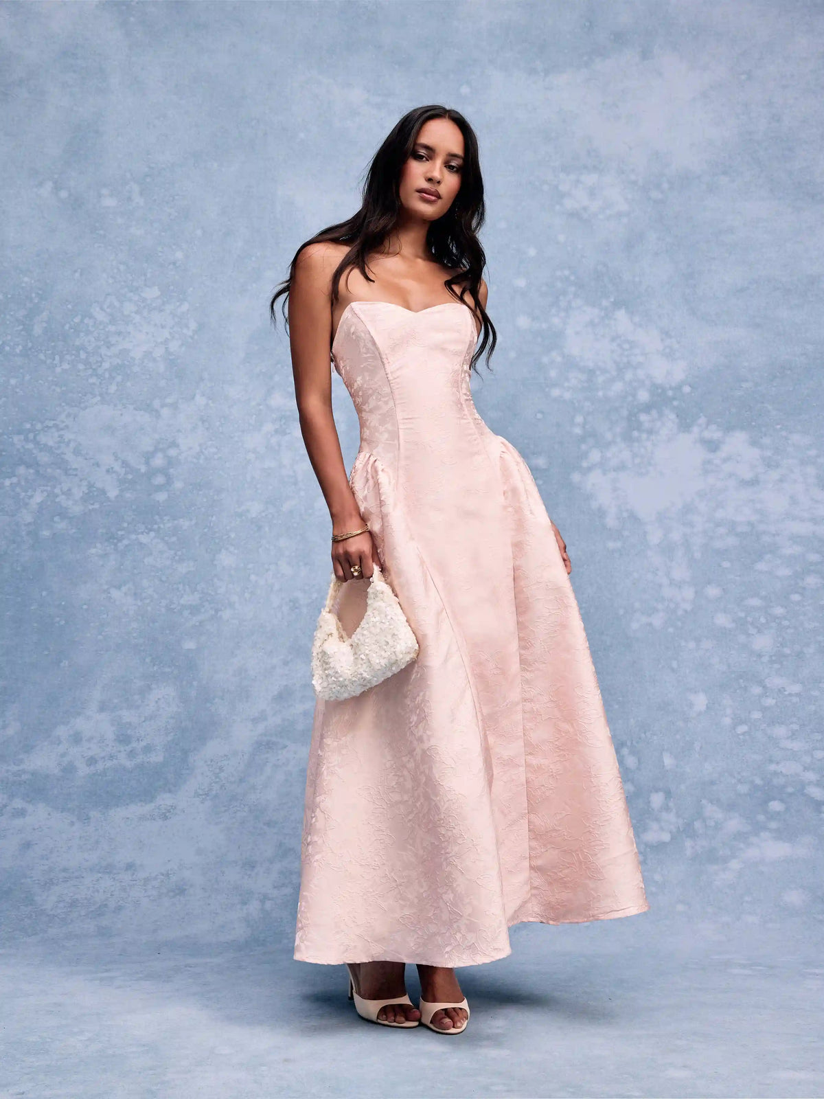 Floral Jacquard Sweetheart Neck Lace up Flared Maxi Dress