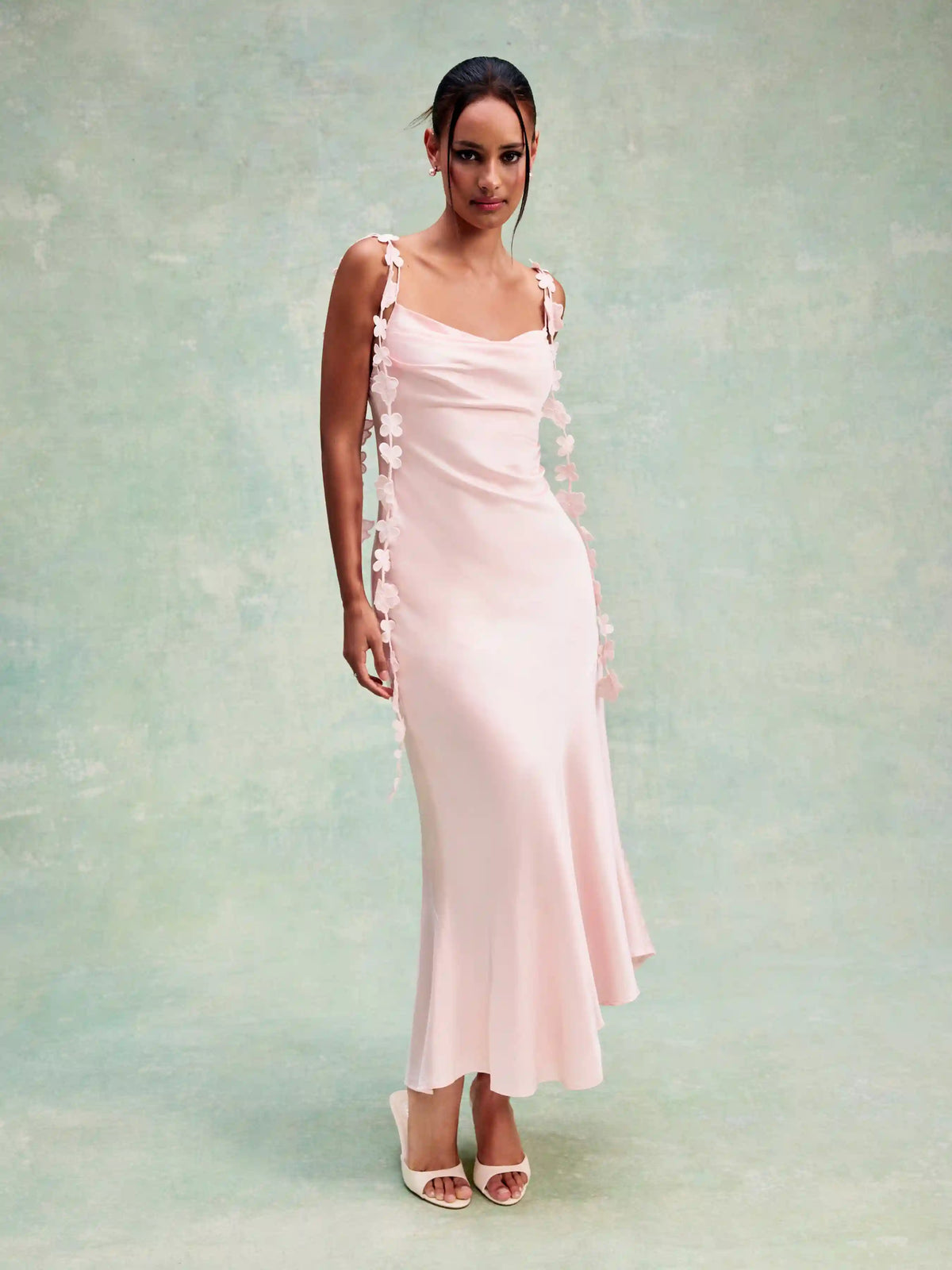 Satin Cowl Neck Floral Applique Lace Up Mermaid Maxi Dress