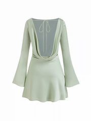 Satin Boat Neck Bell Sleeve Backless Mini Dress