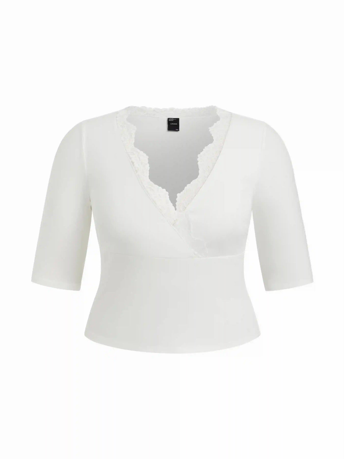 V-neck Mid-length Sleeve Scalloped Lace Trim Tee Curve & Plus