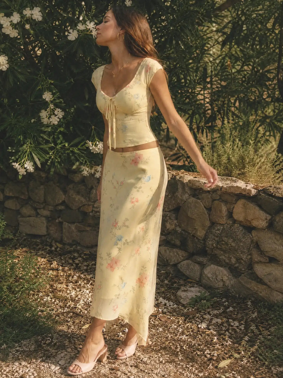 Mesh Floral Ruched Tie Front Top & Mid Rise Maxi Skirt Set