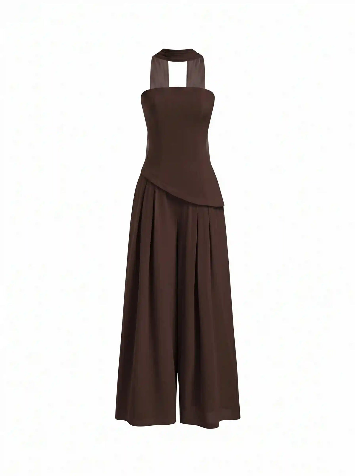 Chiffon Mid Rise Bandeau Asymmetrical Lace Up Wide Leg Jumpsuit With Scarf