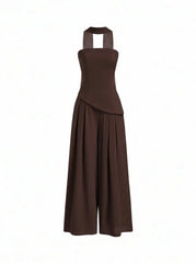 Chiffon Mid Rise Bandeau Asymmetrical Lace Up Wide Leg Jumpsuit With Scarf