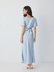 Satin Boat Neck Batwing Sleeve Bowknot Mermaid Maxi Dress