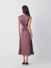 Satin V-neck Twist Knotted A-line Maxi Dress