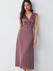 Satin V-neck Twist Knotted A-line Maxi Dress
