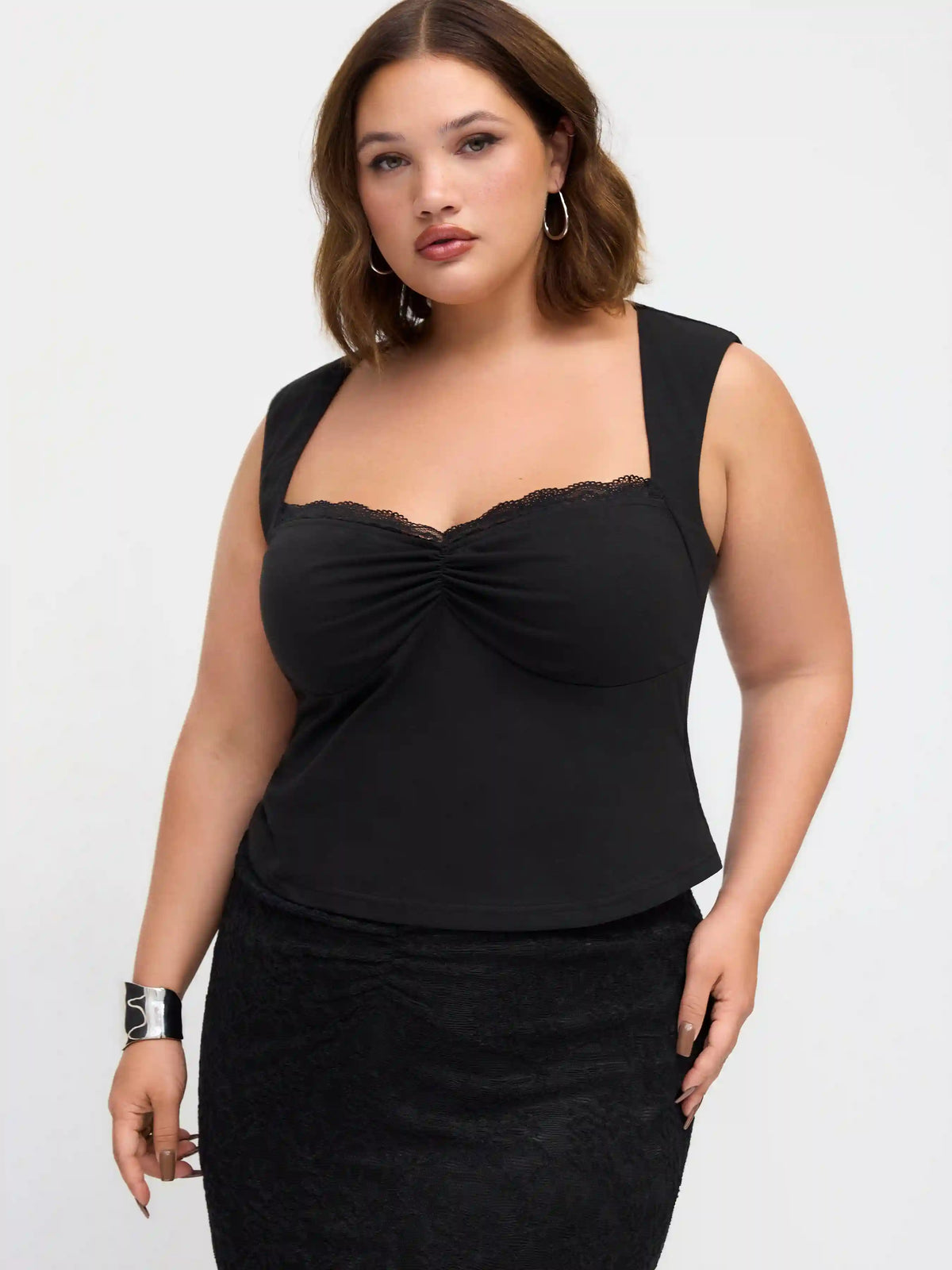 Cotton-blend Square Neck Ruched Lace Trim Crop Tank Top Curve & Plus