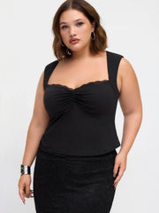 Cotton-blend Square Neck Ruched Lace Trim Crop Tank Top Curve & Plus