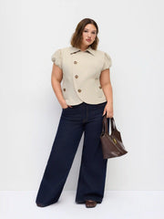 Notched Collar Puff Sleeve Asymmetrical Button Blouse Curve & Plus