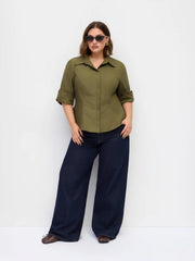 Cotton-blend Collar Mid-length Sleeve Roll Up Shirt Curve & Plus