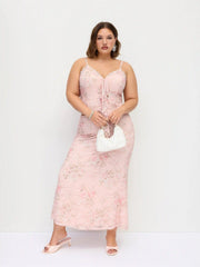 Floral Lace Trim Tie Front Cami Top & Mid Rise Bodycon Maxi Skirt Set Curve & Plus