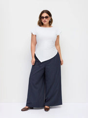 Mid Rise Striped Tie Side Ruched Wide Leg Trousers Curve & Plus