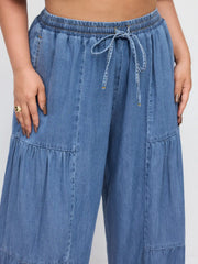 Denim Mid Rise Drawstring Ruched Wide Leg Jeans Curve & Plus