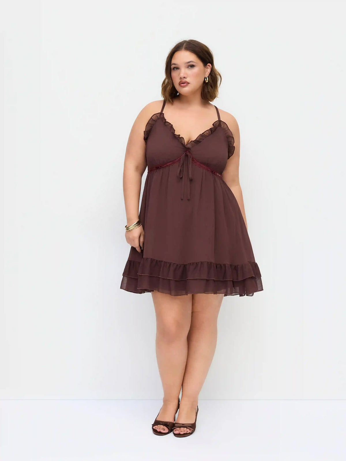 Chiffon V-Neck Lace Ruffle Hem Mini Dress Curve & Plus