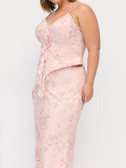 Floral Lace Trim Tie Front Cami Top & Mid Rise Bodycon Maxi Skirt Set Curve & Plus