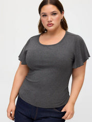 Round Neckline Ruffle Sleeve Ruched Waist Top Curve & Plus