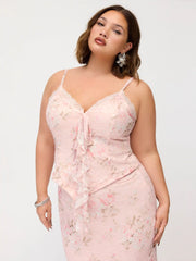 Floral Lace Trim Tie Front Cami Top & Mid Rise Bodycon Maxi Skirt Set Curve & Plus