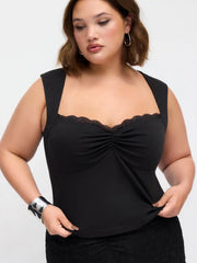 Cotton-blend Square Neck Ruched Lace Trim Crop Tank Top Curve & Plus