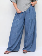 Denim Mid Rise Drawstring Ruched Wide Leg Jeans Curve & Plus