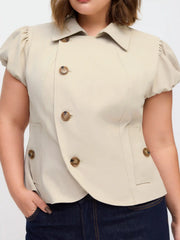 Notched Collar Puff Sleeve Asymmetrical Button Blouse Curve & Plus