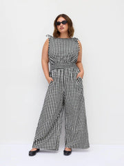 Cotton Gingham Boat Neck Drawstring Wide Leg Jumpsuit Curve & Plus