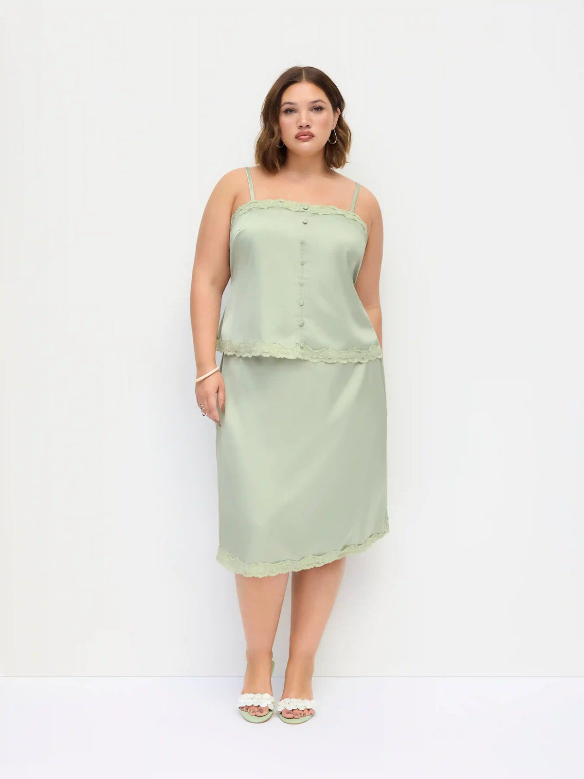Satin Lace Trim Button Cami Top & Mid Rise Midi Skirt Set Curve & Plus