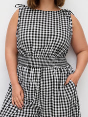 Cotton Gingham Boat Neck Drawstring Wide Leg Jumpsuit Curve & Plus