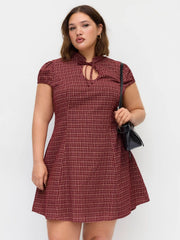 Cotton-blend Mandarin Collar Tartan Cut Out Bowknot Puff Sleeve Mini Dress Curve & Plus