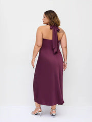Satin V-neck Backless & Bowknot A-line Maxi Dress Curve & Plus
