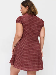 Cotton-blend Mandarin Collar Tartan Cut Out Bowknot Puff Sleeve Mini Dress Curve & Plus