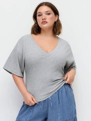Knit Fabric V-neck None Short Sleeve Tees Curve & Plus