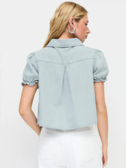 Denim Striped Washed Short Puff Sleeve Drawstring Oversized Blouse
