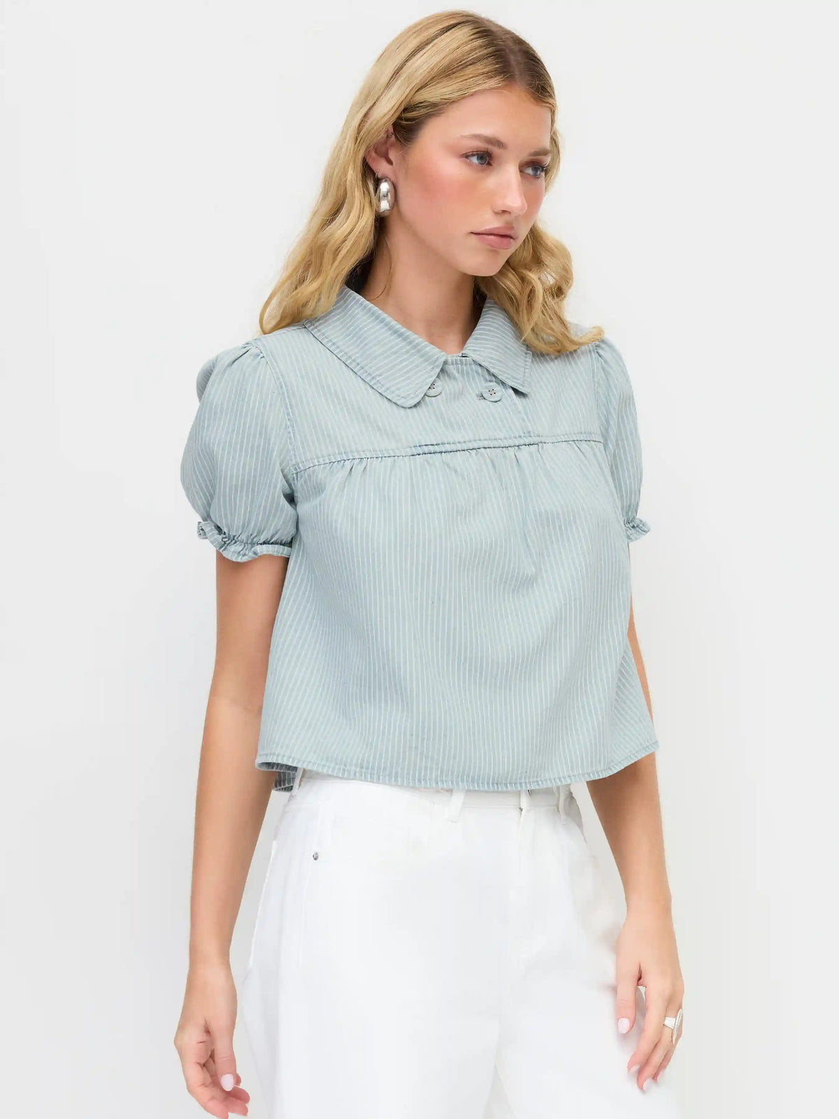 Denim Striped Washed Short Puff Sleeve Drawstring Oversized Blouse