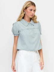 Denim Striped Washed Short Puff Sleeve Drawstring Oversized Blouse