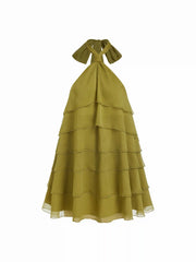 Chiffon Halter Neckline Asymmetrical Ruffle Babydoll Mini Dress