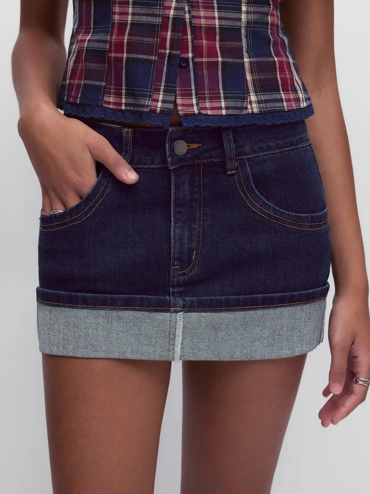 Denim Low Rise Washed Rolled Hem Metal Detail Pencil Mini Skirt